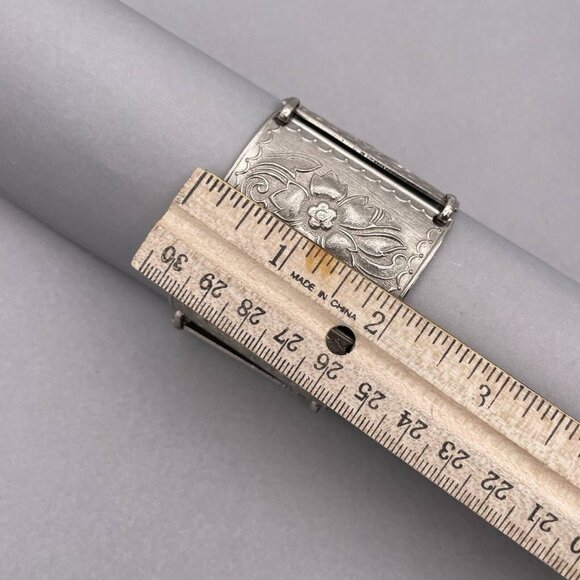 Floral Wide Link Cuff Panel Bracelet Lobster Closure Silver Tone - Picture 3 of 7